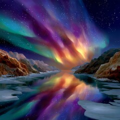 The northern lights swirling above the frozen lake. Generative AI