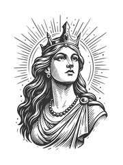 Refined vintage-style vector portrait of Hera wearing a crown, illustrated in classical engraving technique for mythology themes, fantasy art, editorial projects, and decorative prints.