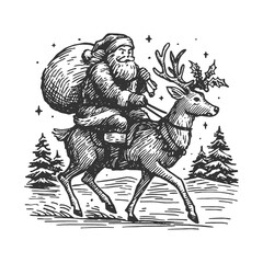 Fototapeta premium Vintage Christmas vector illustration of Santa Claus riding a reindeer through a snowy forest, created in detailed engraving style for festive prints, cards, and holiday designs.