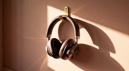 Modern headphones hanging on a hook in a warm beam of sunlight. Minimalist still life of an audio gadget casting a shadow on a textured wall