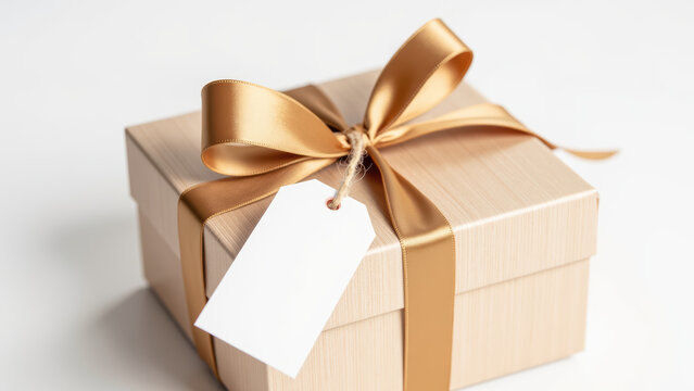 Elegant gift box with golden ribbon and blank tag, perfect for special occasions and celebrations
