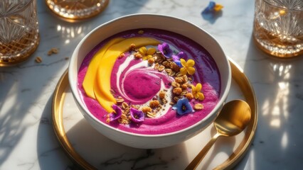 Vibrant smoothie bowl with mango and granola