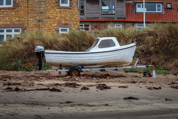 A  small fishing harbour set into Beadnell Bay, on the Northumberland Coastline, September 2025