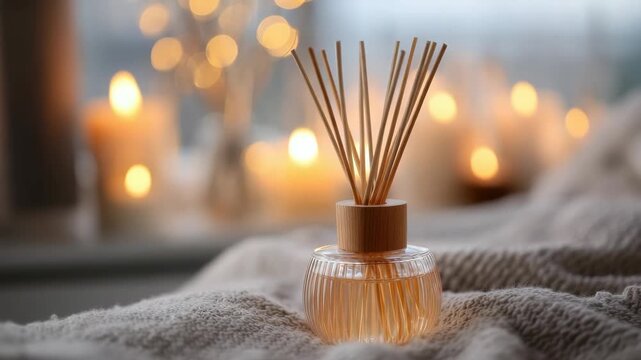 Elegant Glass Diffuser with Wooden Sticks on Soft White Blanket Surrounded by Glowing Candles Providing Warm Light and a Cozy Atmosphere