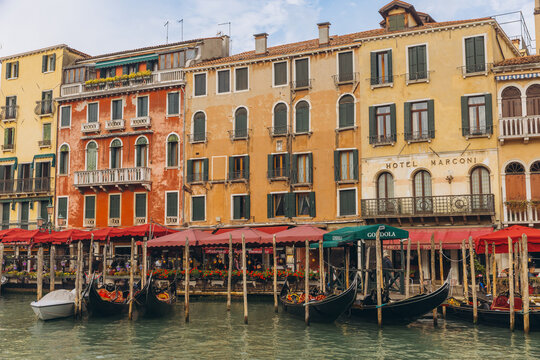 Venice, Italy - October 9, 2025: Traditional Venetian architecture along Grand Canal, Venice, Italy
