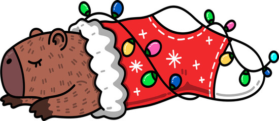 Capybara Sleeping in Christmas Stocking Cartoon