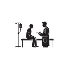 Doctor and patient silhouette vector illustration. Medical consultation in hospital. Physician examining sick man with clipboard and stethoscope. Healthcare checkup icon isolated on white background.