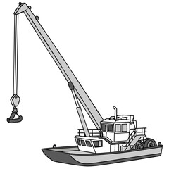 Illustration of a gray crane boat with a long boom and hook ready for lifting operations © www