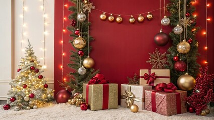 Red Vertical Holiday Background with Gold and Red Decorations - 2