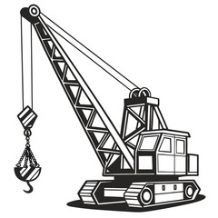 Black and white illustration of a crawler crane with a hook and chain ready for lifting heavy loads © www