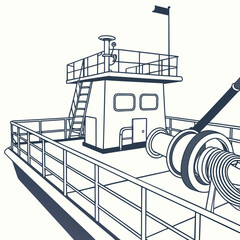 Close up of a tugboat deck with a winch and a cabin featuring a simple line art style © www