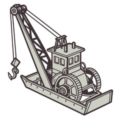 Vintage illustration of a self propelled crane barge with a large hook and boom on a white background © www