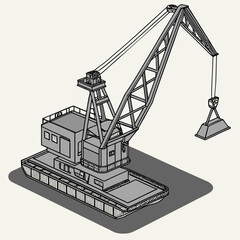 Detailed isometric illustration of a large industrial barge mounted crane with a heavy load suspended from its boom © www