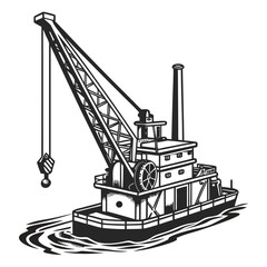 A black and white illustration of a crane barge with a large boom and hook floating on wavy water © www
