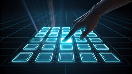 Elegant hand activating glowing interface button on vibrant futuristic grid display