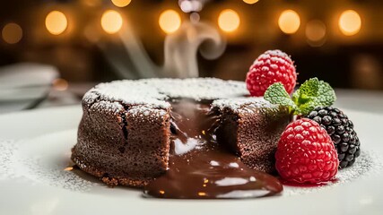 Chocolate cake with fresh raspberries and chocolate sauce sizzling on a rustic table, capturing the indulgent concept of sweet treats perfect for romantic gestures or celebrating milestones in.