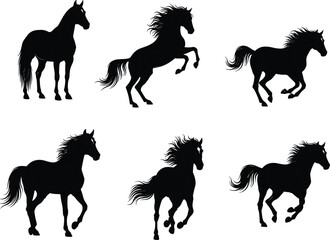 Horse silhouette illustration, equine motion, running horse, rearing pose, standing figure, black vector art, animal anatomy, dynamic concept, graceful design