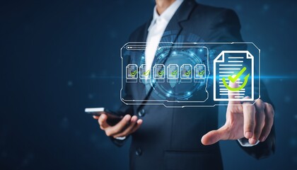 Professional man checking digital documents on a glowing virtual screen, concept for efficient business, legal compliance, and quality control.