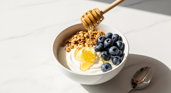 Healthy Granola Bowl: Wholesome yogurt topped with blueberries and honey drizzle