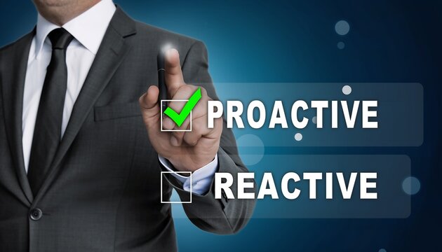 Businessman's hand highlighting 'PROACTIVE' on a virtual screen, representing strategic choice and forward-thinking, concept for business strategy, personal development and future planning.