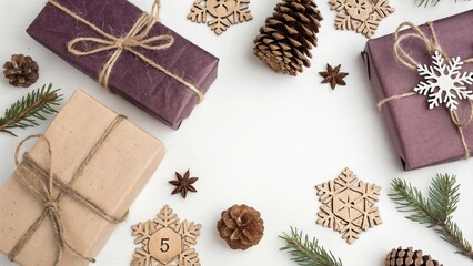 Fototapeta premium Wrapped Gifts with Snowy Fir Border on Top - 1