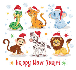 Christmas African jungle animals in a Santa hat, snake, panther, elephant, monkey, zebra, lion. Funny new year characters, cute animals, holiday mascot, Santa team, vector cartoon flat isolated set