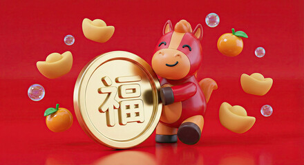 Naklejka premium Cute red horse character holding large gold lucky coin with fortune symbol. 3D illustration for Chinese New Year 2026 Year of the Horse and wealth.