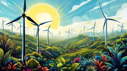Vibrant wind farm landscape