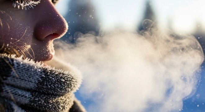 A woman's face with frost on her nose and lips, blowing out a breath of cold air.