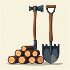 Ax, shovel, and stacked logs in a simple illustration style  