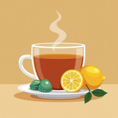 Hot tea with lemon and candies on a plate against a neutral background  