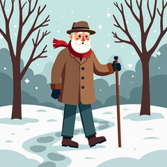 Elderly man walking with a cane in winter landscape with snow  