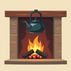 Vintage kettle hanging above roaring fireplace with wooden mantle  