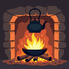 Traditional fireplace with flame and kettle cooking on wood  