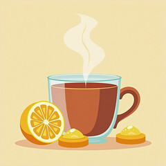Hot tea in glass cup with lemon and cookies on beige background  
