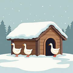 Three white ducks standing outside a wooden house in winter  