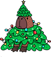 Groovy Capybara Wearing Christmas Tree Cartoon