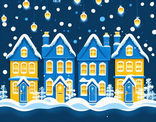 People enjoying winter market with festive stall and snowfall  