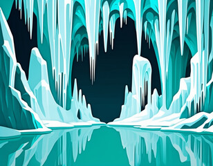 Icy cave with turquoise formations and reflective water surface  