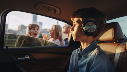 Young boy wearing headphones calmly looking out a car window while blurred adults react outside, concept for noise cancellation, travel and family dynamics.