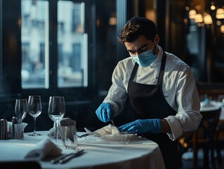 Professional Waiter in Protective Gear Cleaning