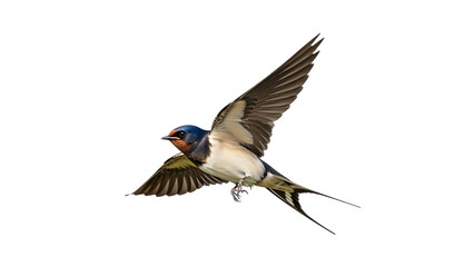 Barn Swallow bird, in flight with wings spread showing detailed feathers and long tail feathers, cutout, PNG isolated on white or transparent background