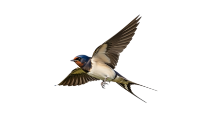 Barn Swallow bird, in flight with wings spread showing detailed feathers and long tail feathers, cutout, PNG isolated on white or transparent background