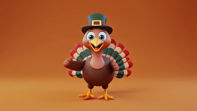 Funny Dancing Cute Turkey Bird In Pilgrim Hat Thanksgiving Celebration On Empty Orange Background