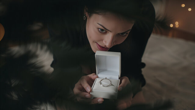 Woman Smiling While Opening a Small White Box with a Silver Ring Inside