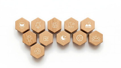 Obraz premium Wooden hexagon blocks with clean white wellness icons arranged on a pure white background representing mindfulness, fitness, nutrition, sleep and calm balance.