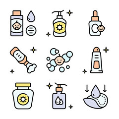 Baby cosmetics color icons set. Cosmetic bottles and beauty products for skincare routine, moisturizing and cleansing. Vector symbols isolated on white background.