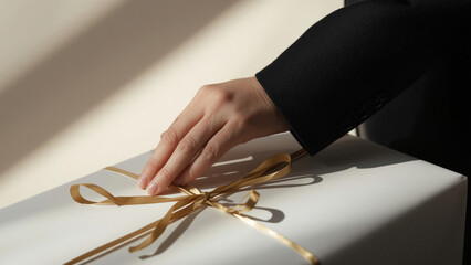 Detail of Hand Adjusting Gold Ribbon on a Large White Gift Box in Sunlight