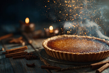 whimsical glowing pumpkin pie on rustic wooden table cinnamon sticks floating golden sparkles surrounding dessert warm candlelight concept of fantasy food photography lifestyle and festive superfood