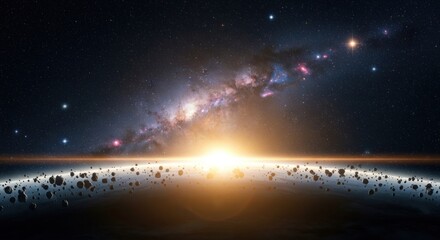 A stunning view of the Milky Way galaxy with a bright star shining in the center, surrounded by countless stars and galaxies in the vast expanse of space.